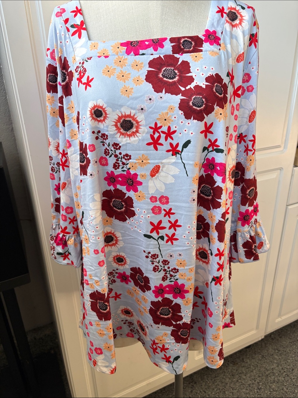 Women’s Floral Square-Neck Blouse in Light Blue